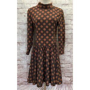 Vintage Swiss Polka Dot Portrait Neck Pleated Drop Waist Dress Brown *Chest 32*